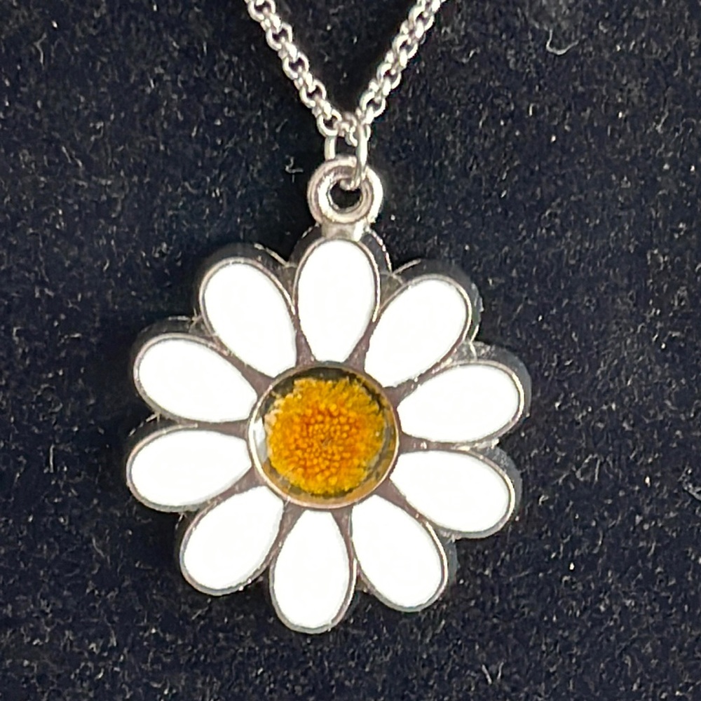 Daisy pendant on silver tone chain with tag that has an H on it I don’t know?
